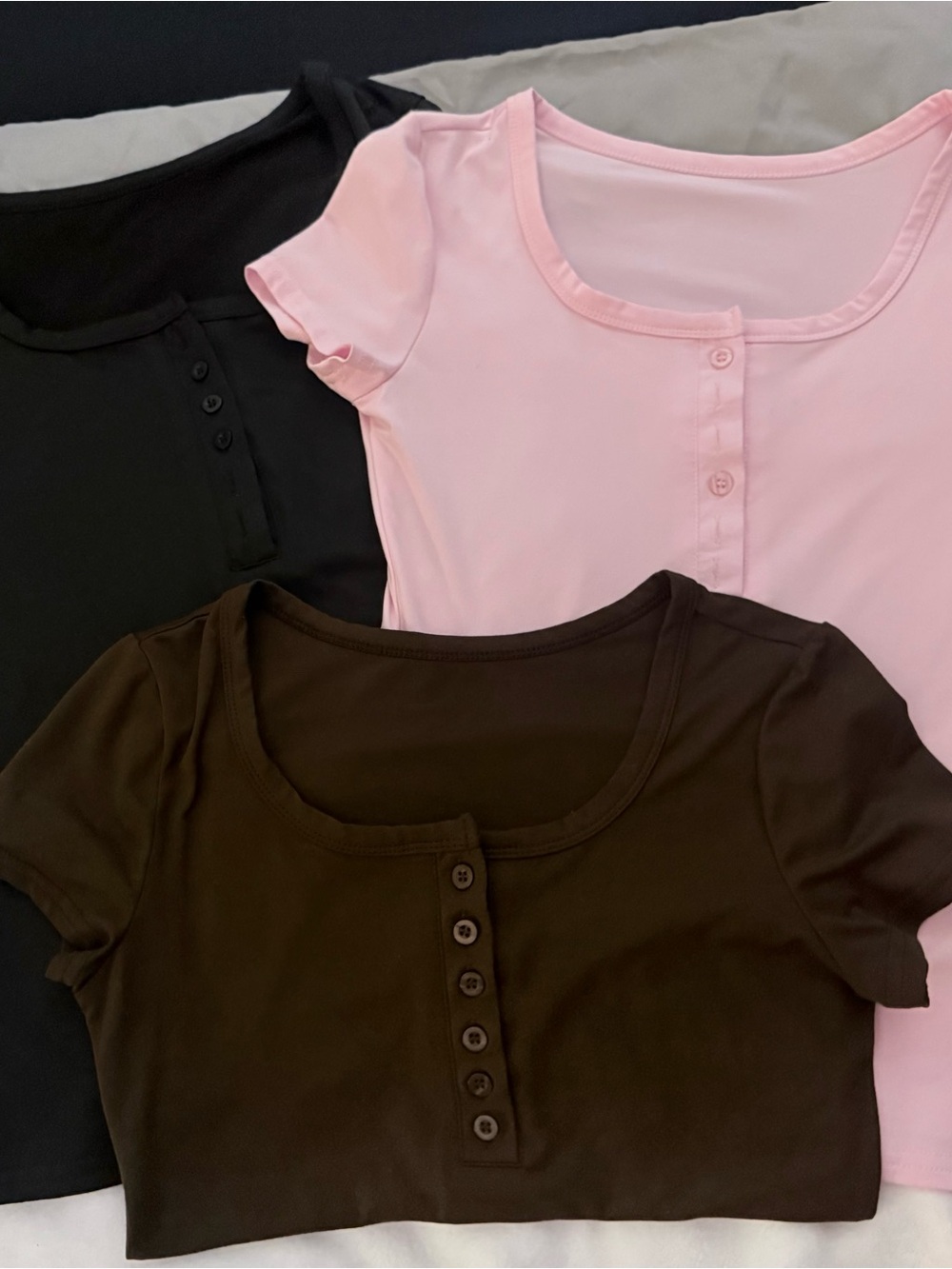 SHEIN Ribbed Henley Top Bundle | Black, Brown & Pink | Size Small